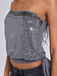 Summer Y2K Retro Sexy Crop Top With Sequin Embroidery, Side Slit Drawstring Waist, For Women - Grey - View 1