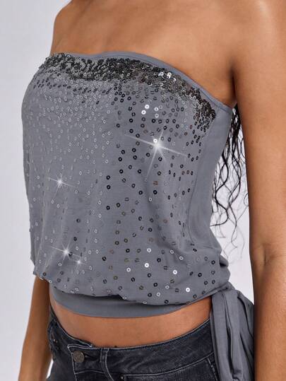 ROMWE Summer Y2K Retro Sexy Crop Top With Sequin Embroidery, Side Slit Drawstring Waist, For Women