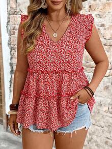 EMERY ROSE Blusa elegante de talla grande tejida con estampado floral, cuello en V, mangas volantes y ribete con volantes, adecuada para vacaciones, exteriores, uso diario, primavera/verano - Rojo - Ver 1