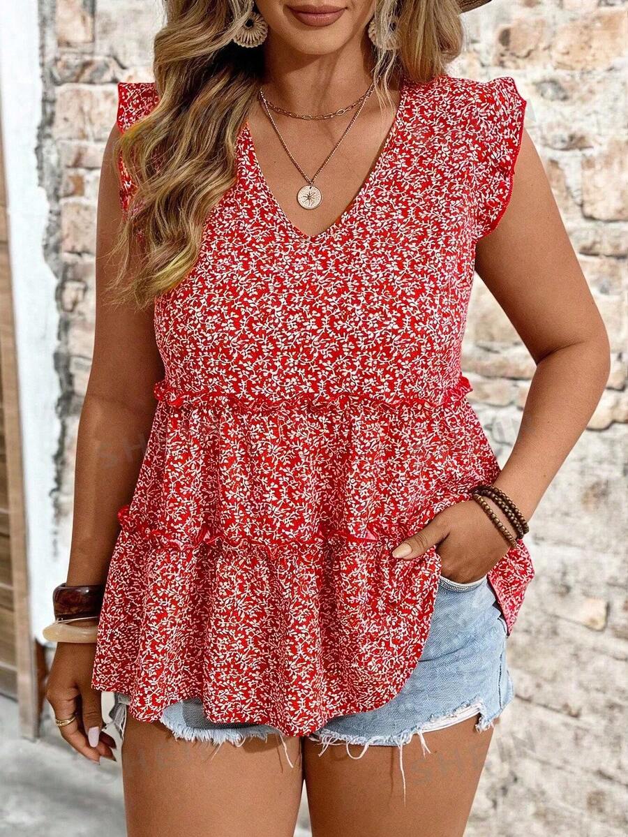 EMERY ROSE Blusa elegante de talla grande tejida con estampado floral, cuello en V, mangas volantes y ribete con volantes, adecuada para vacaciones, exteriores, uso diario, primavera/verano - Rojo - Ver 1