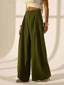 SHEIN Tall Quần ống rộng màu trơn tối giản, thời trang công sở, phù hợp cho nữ giới, đi làm. - xanh quân đội - Xem 2