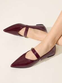 CUCCOO CHICEST Women Shoes Spring. New Pointed Flat Heel Romantic Elegant Burgundy PU Metal Shell Buckle Women's High Flat Shoes Dress Shoes Bridal Shoes Wine Season Sign For Valentine's Day Elegant Versatile - Burgundy - View 4