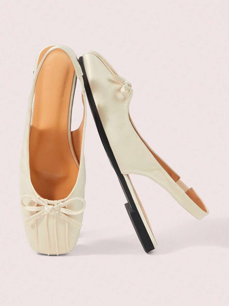 CUCCOO DOLLMOD Women's Light Yellow Spring And Summer Square Toe New Closed Toe Sandals Bow Simulation Silk Satin Fashion Heel Flat Shoes - Yellow - View 1