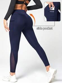 Easithlete 女款時尚網眼插入運動緊身褲，附口袋，適合瑜伽 - 藏蓝色 - 查看 2