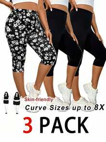 SHEIN CURVE+ 大码女式打底裤、七分裤、三件套、夏季打底裤、印花打底裤、黑色打底裤 - 彩色 - 查看 1
