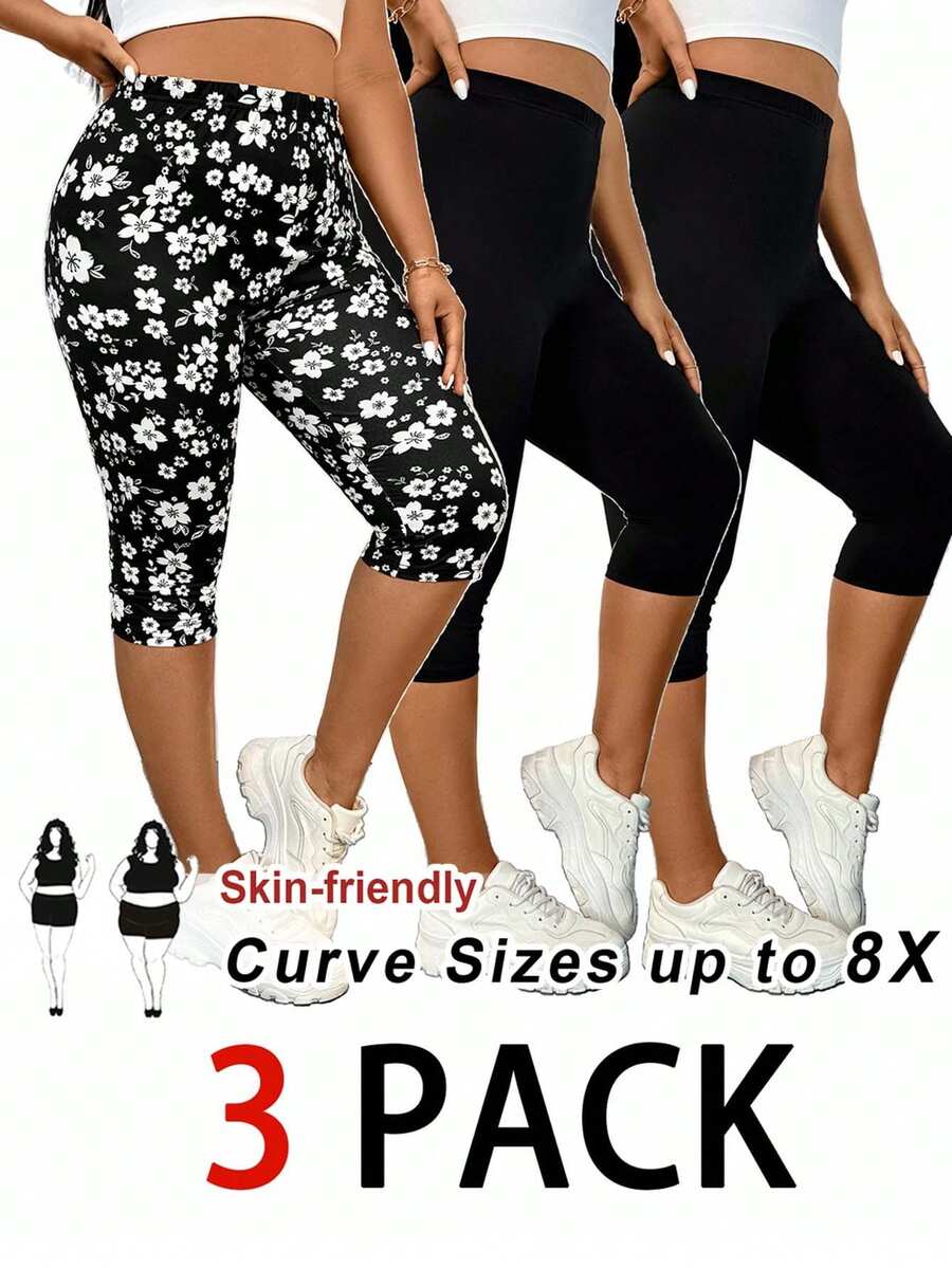 SHEIN CURVE+ 大码女式打底裤、七分裤、三件套、夏季打底裤、印花打底裤、黑色打底裤 - 彩色 - 查看 1