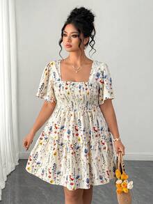 SHEIN PETITE CURVE Đầm xòe dáng chữ A thanh lịch, cổ vuông, eo nhún, cỡ lớn, phù hợp cho đi làm hàng ngày, hẹn hò, đi chơi, du lịch và chụp ảnh. - Nhiều màu - Xem 4