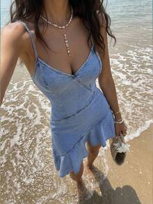 Sunnyshic 女士不对称下摆时尚约会派对吊带牛仔连衣裙 - 藍色 - 查看 9