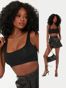 SHEIN BASICS 纯色夏季日常露脐背心 - 黑色 - 查看 6