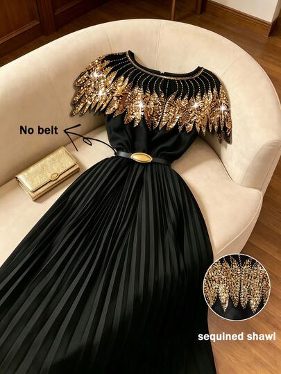 Selianne Gold Sequin Pleated Elegant Long Dress For Women Elegant Dress For Women Luxury Dresses For Women Sequined Dress Gold Sequin Detail Black Pleated Dress