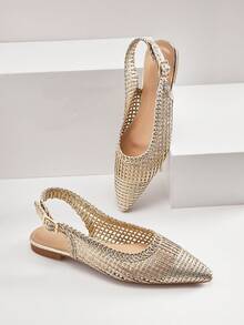 SHUZIA Ladies Elegant Crochet Woven PU Point Toe Slingback Mules - Gold - View 1