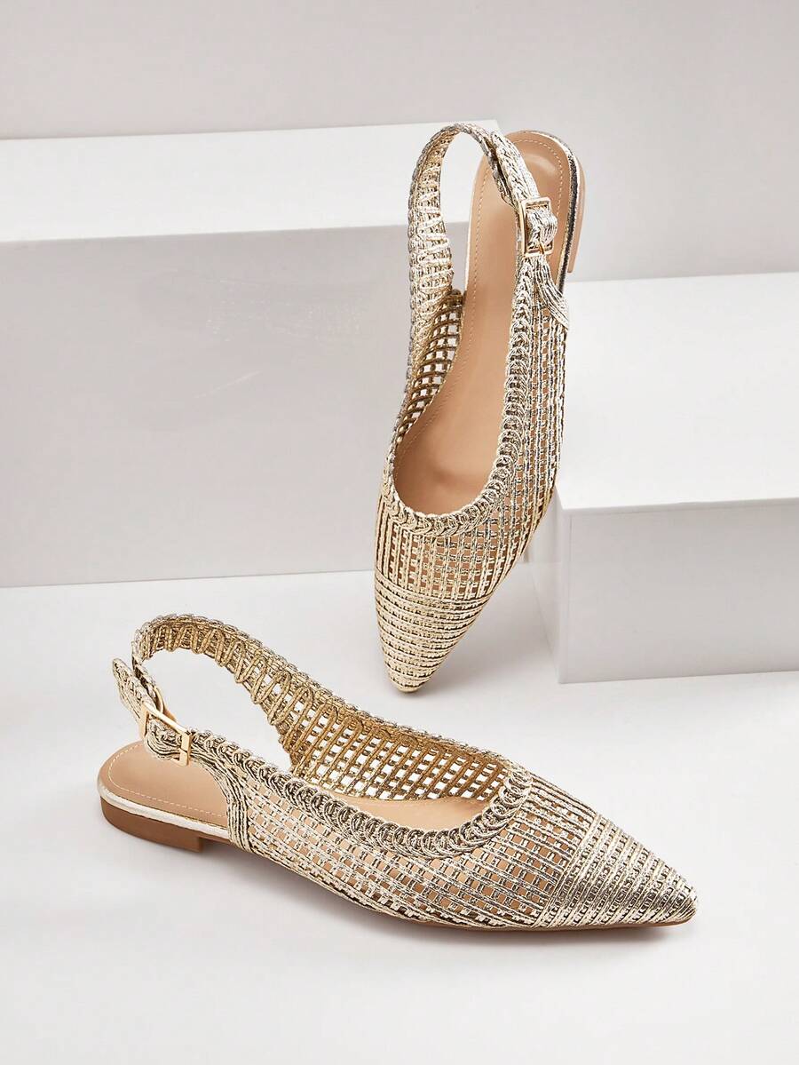SHUZIA Ladies Elegant Crochet Woven PU Point Toe Slingback Mules - Gold - View 1