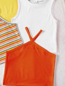 SHEIN Genkimix Kids 女童条纹印花+纯色夏季休闲背心 - 彩色 - 查看 4