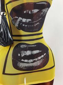 Amplova Face & Lip Print Sheer Bodycon Mini Dress,Summer Dresses For Women - Multicolor - View 6