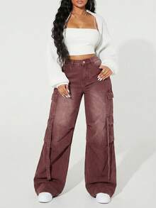 SHEIN ICON Plus Size Color Block Pocket Thermal Lined Fashionable Wide Leg Cargo Jeans - Coffee Brown - View 8