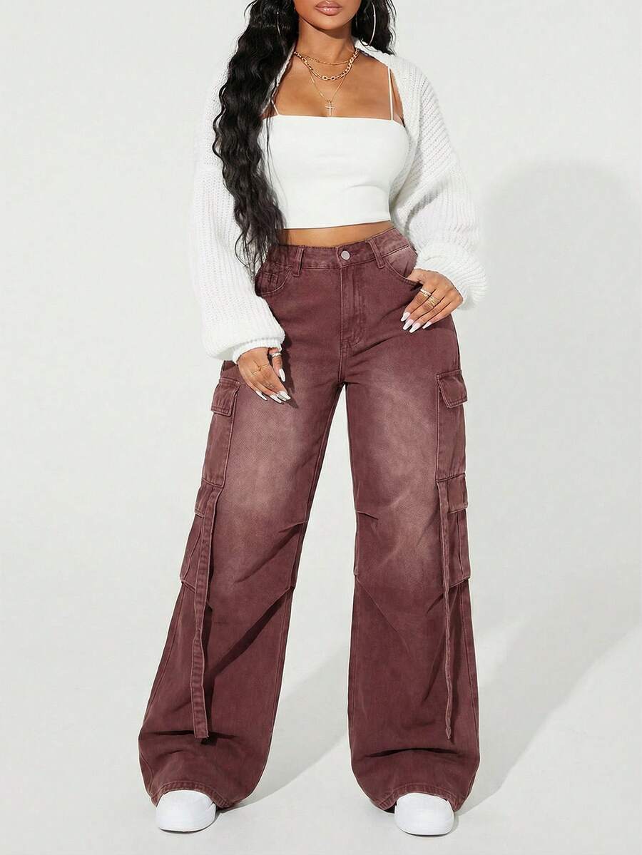 SHEIN ICON Quần jeans ống rộng thời trang có túi màu khối lớn lót nhiệt - Cà phê nâu - Xem 1
