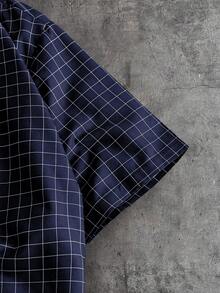 AXEPEAK Men's Loose Fit Letter & Plaid Print Short Sleeve Woven Shirt - Navy Blue - View 7