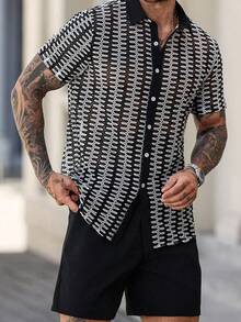 Manfinity Homme Conjunto de top de manga corta con estampado casual y pantalones cortos de unicolor para hombres de talla grande - Blanco y Negro - Ver 3
