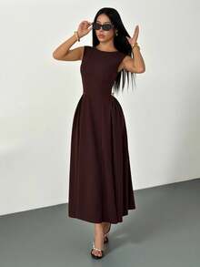 SHEIN PETITE Đầm nữ Thu/Đông, màu nâu Maillard, kiểu dáng thời trang thanh lịch hiện đại cổ thuyền tay ngắn dáng suông, đầm maxi nâu, đầm dài nâu, đầm màu nâu sô cô la, đầm thanh lịch nâu, đầm dài thường ngày, quần áo mùa thu cho nữ, trang phục Halloween, quần áo Halloween Thu Đông cho nữ, quần áo mùa thu cho nữ, quần áo Halloween, quần áo mùa thu cho nữ, trang phục mùa thu cho nữ, đầm dự tiệc Giáng sinh kiểu Gothic, đầm thanh lịch cho nữ. - màu nâu - Xem 2