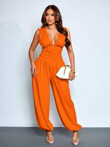 SOLERSUN Women's Elegant Deep V-Neck Sleeveless Ruched Waist Lantern Loose Jumpsuit - Orange - View 9