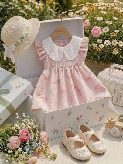 SHEIN Vintaside Kids Girls' Summer Dress, Baby GirlNew Arrival Sweet Solid Color Short Sleeve Princess Dress