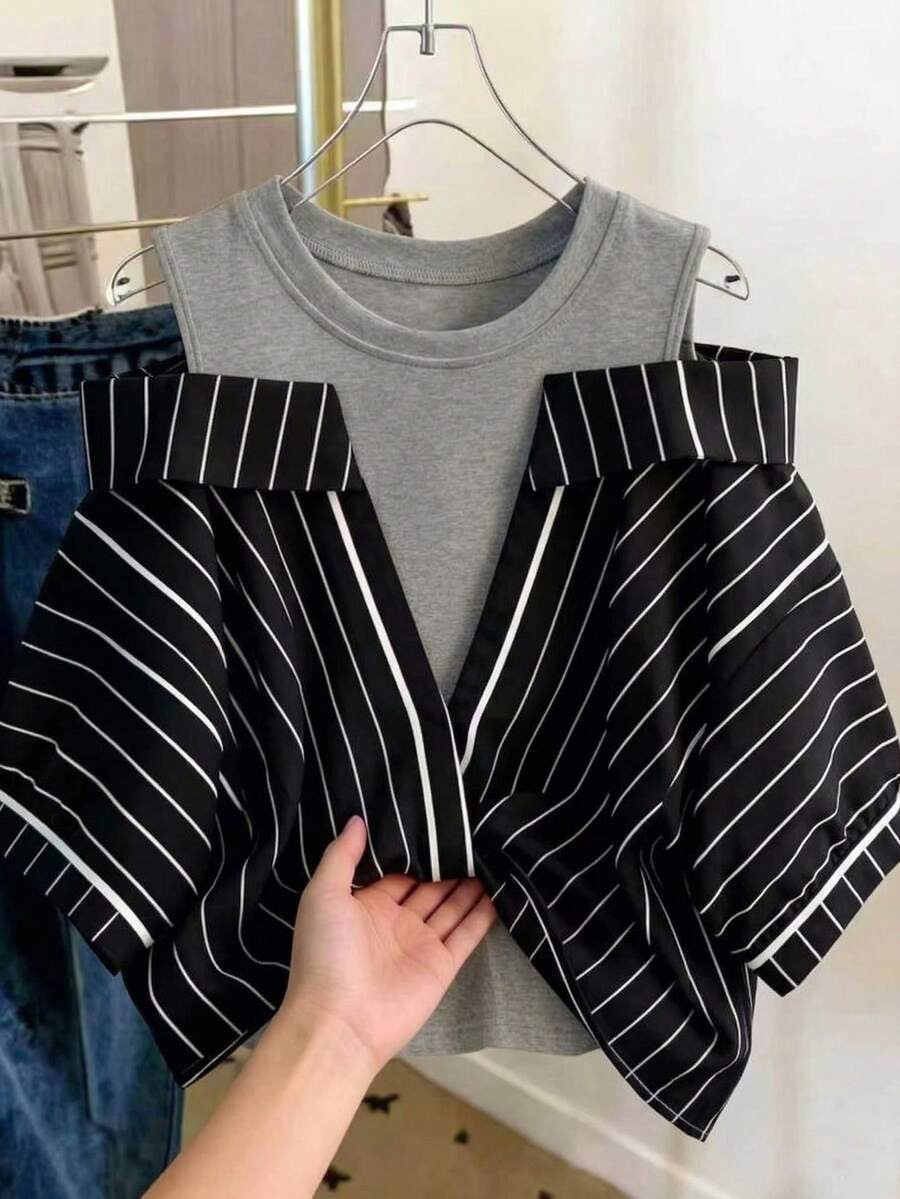 GlowEve Striped Faux Two-Piece Shirt Vacation Outfits For Women - Black - View 1