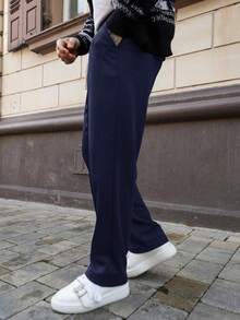 Artur Kramer Men's Solid Color Drawstring Waist Casual Pants - Navy Blue - View 4