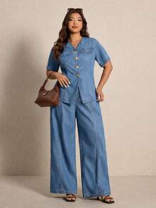 Elaquor Setelan Denim Biru Tua Kasual Musim Panas Ukuran Plus untuk Wanita, Atasan Lengan Pendek dengan Detail Kancing Depan dan Celana Panjang untuk Sehari-hari, Setelan Jeans Serbaguna - Biru - View 4