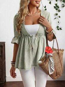 EMERY ROSE Plus Size Casual Drawstring Waist Denim Jacket - Green - View 1