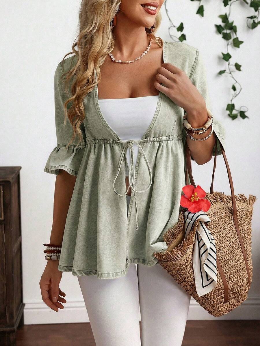 EMERY ROSE Plus Size Casual Drawstring Waist Denim Jacket - Green - View 1