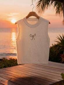 GlowEve 女士无袖蝴蝶结刺绣修身短款针织背心 - 卡其色 - 查看 3