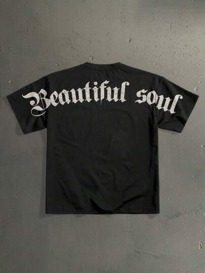 StoneGrade Gothic Curved Text Print Oversized Loose Fit Short Sleeve T-Shirt, Fashionable Casual Outfit Essential For Dates And Gatherings, Suitable As Gift For Boyfriend