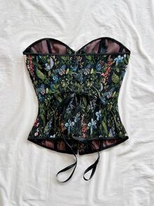 Soleia Áo croptop quây ngực kiểu cung đình cổ điển dành cho nữ, in họa tiết hoa jacquard nhiều màu sắc, có cúc và dây buộc phía sau. - màu đen - Xem 2