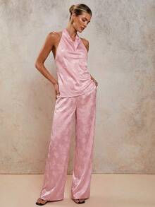 COSMINA Bộ đồ nữ thanh lịch cổ xếp ly, chất liệu jacquard, gồm 2 món, thích hợp cho đi làm, công sở, đi chơi, hẹn hò, mặc hàng ngày, dự đám cưới, mùa xuân/hè. - Hồng - Xem 4