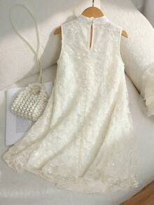 SHEIN Girls' Sleeveless Solid Color Elegant Ruffle Collar Summer Dress - White - View 2