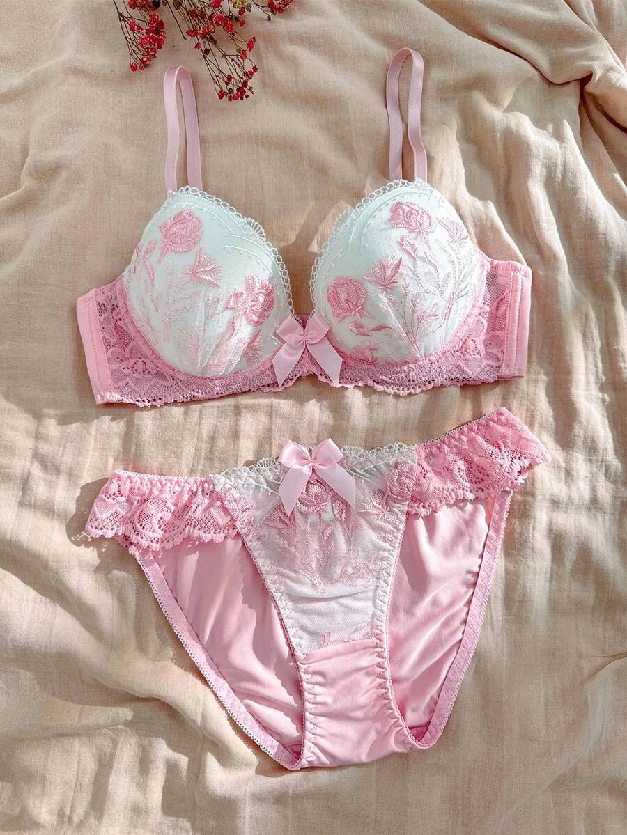 Women's Floral Embroidery Lace Fashion Lingerie Set - Pink - View 1