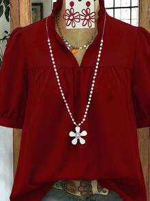 Linhara Plus Size Valentine's Day & Spring Solid Color Puff Sleeve Blouse - Red - View 3