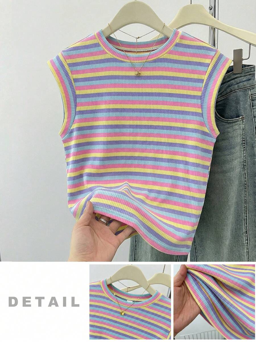 SHEIN Teen Girls Striped Round Neck Short Sleeve Casual T-Shirt, Minimalist Leisure Wear For Home Mothers Day Outfit Graduation Summer Tops Suitable For Spring & Summer Daily, Outing, Vacation, Holiday Wear, Stylish Girls, Casual Wear, New Style, Homecoming, Chill Vibe Outfits, Back To School, Girly Style T Shirt - Multicolor - View 1