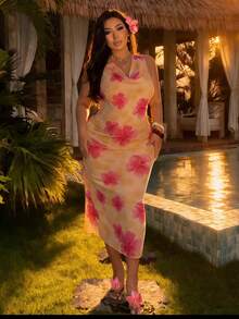 Dazy Plus Plus Size Women's Floral Print Chiffon Spaghetti Strap Maxi Dress, Vacation & Date Night Style, Spring/Summer Sun Dresses For Women - Apricot - View 8