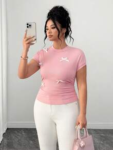 Elenzga Plus Size Women's Bow Decor Romantic Versatile Casual T-Shirt, Suitable For Spring/Summer, Work, Daily Wear And Vacation - Pink - View 1