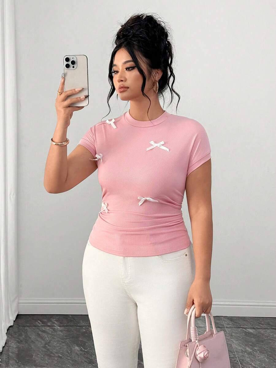 Elenzga Plus Size Women's Bow Decor Romantic Versatile Casual T-Shirt, Suitable For Spring/Summer, Work, Daily Wear And Vacation - Pink - View 1