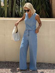 Livesso Bộ đồ denim thường ngày dành cho nữ: Áo không tay cổ chữ V và quần jeans ống rộng. - Rửa nhẹ - Xem 6