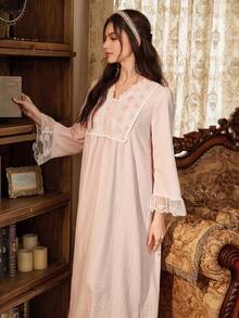 PalaceNights Palace Style Long Sleeve Pink Jacquard Loose Nightgown Dress, With Ruffled Collar Decorated By Embroidered Lace Trim - Pink - View 6