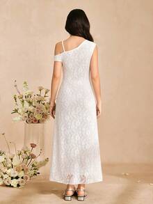 Girls' Elegant High-End Lace Solid White Asymmetric Shoulder Dress, Suitable For Graduation Season, Wedding Season, Summer & Spring - White - View 2