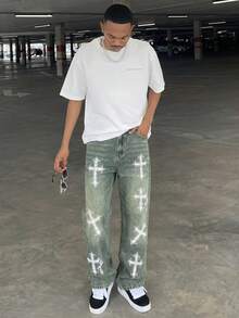 Ngobest Haus Ngobest Haus HEHCN 男士十字印花口袋宽松休闲牛仔裤，Y2K 复古宽松蓝色街头风格阔腿牛仔裤 - 橄欖綠 - 查看 4