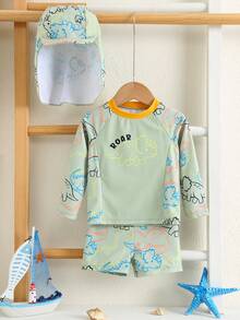 男女宝宝/幼儿三件套可爱恐龙图案长袖泳衣、泳裤和泳帽套装，防晒泳装，适合海滩、度假、泳池穿着 - 綠色 - 查看 4