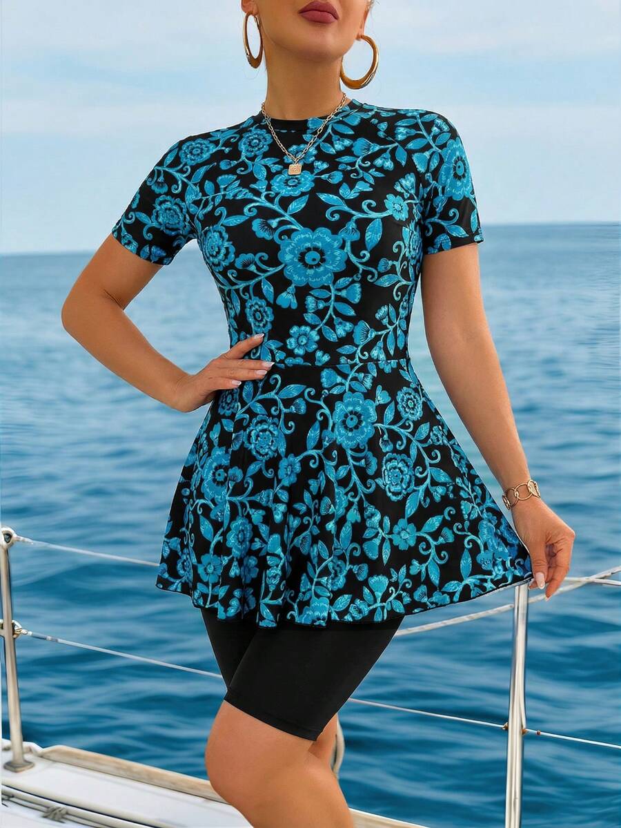 Swim Mulvari 两件套女士蓝白碎花中式印花迷你裙及吊带比基尼套装，优雅休闲，适合春夏海滩派对度假 - 綠色 - 查看 1