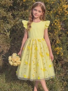 SHEIN Yellow Summer Cute Flower Girl Dress,Girls' Forest Style 3D Floral Embroidery Tulle Princess Dress For Wedding,Easter,Birthday Party,8-14 Years Old - Green - View 6