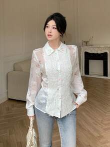 Modelyn 白色花卉印花拼接流苏镂空薄纱优雅女式衬衫，春夏款 - 白色 - 查看 3