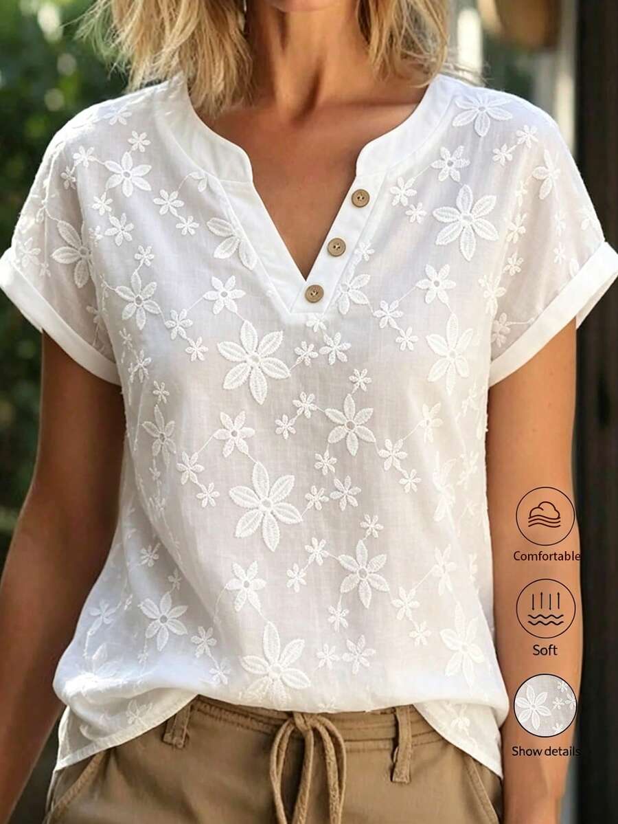 EMERY ROSE Plus Size V-Neck Floral Print Waist Cinched Casual Women Shirt - White - View 1